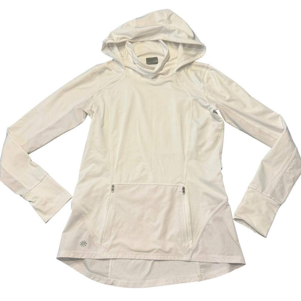 Athleta White fitted turtleneck hoodie, zippered kangaroo pocket, thumb holes ST